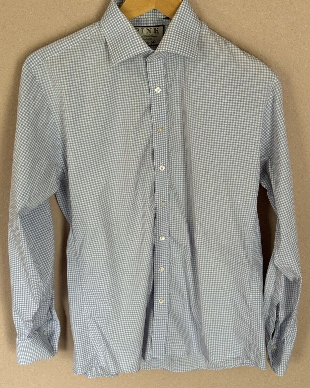 Thomas Pink Mens Med Blue/Gray Long Sleeve Button Down Shirt Large (Q97)